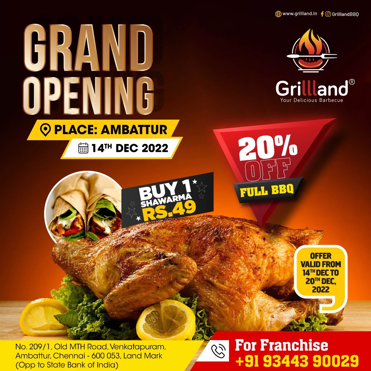 Grillland & Sizzlly Chicken Grand Opening at Ambattur - Grillland